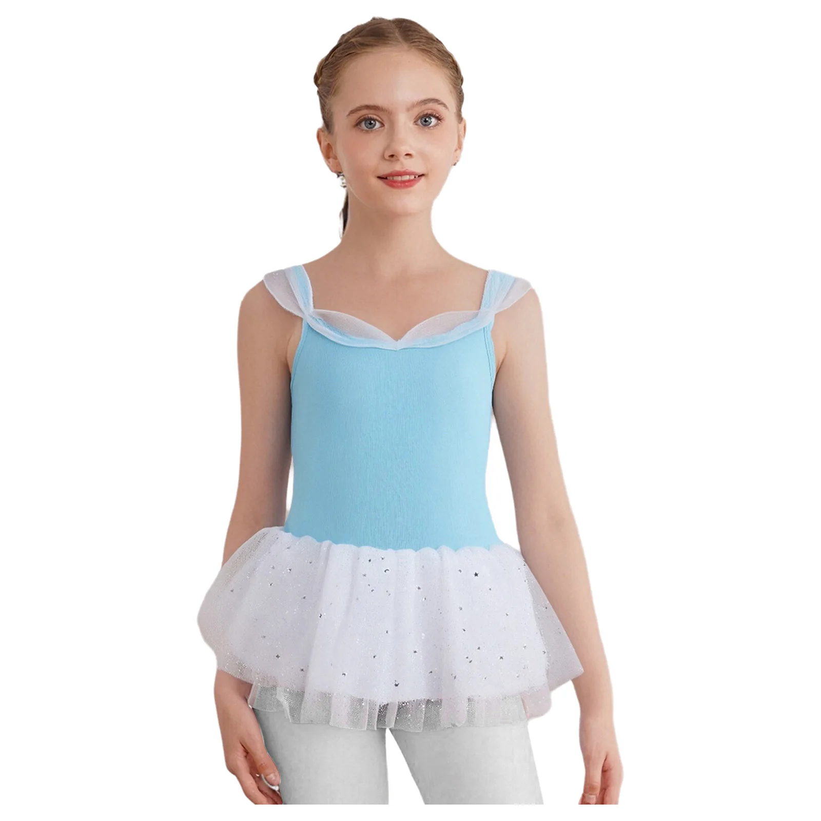 

Elegant Girls Ballet Warm-up Practicing Costume Sleeveless Butterfly Stretchy Leotard with Sequins Tutu Skirt Ballet Dance Wear