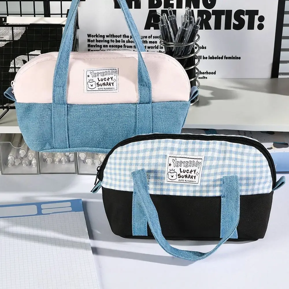 INS Denim Splicing Pencil Case Large Capacity Portable Pen Bag Color-blocking Stationery Organizer School Office
