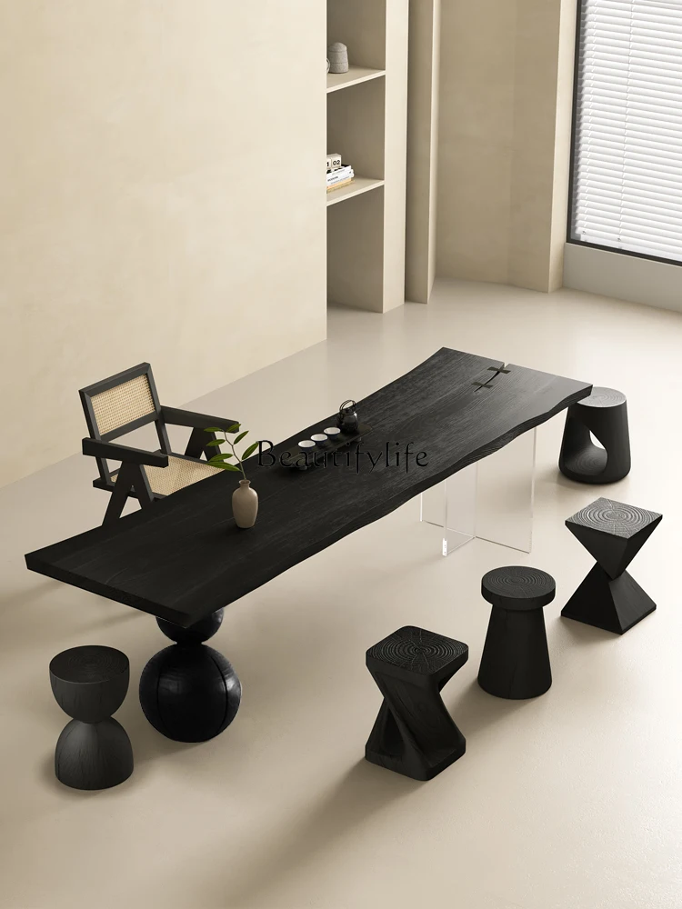 

Silk Style Carbonized Ash Wood Tea Table Household Whole Board Irregular Solid Wood Table-Chair Set