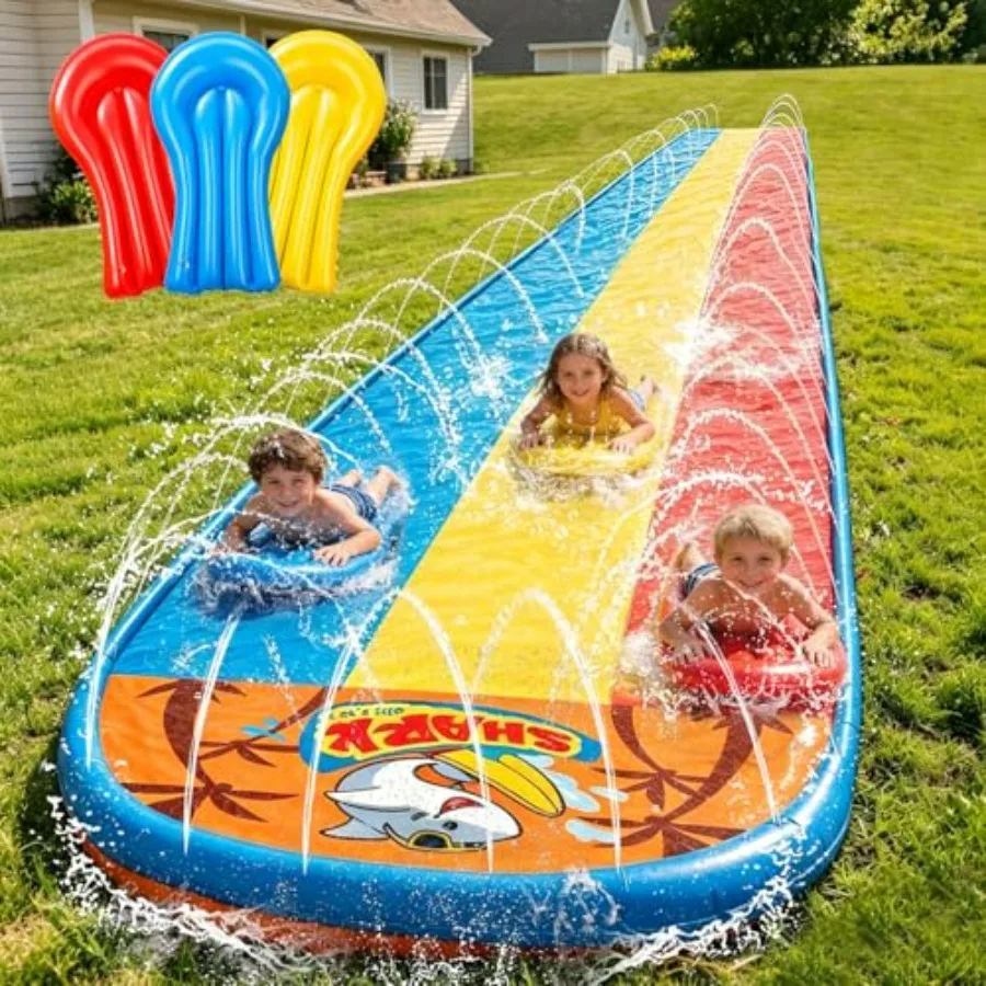 

Backyard outdoor summer water toy for kids and adults: 23FT triple water slide with inflatable bodyboards, PVC material, blue a