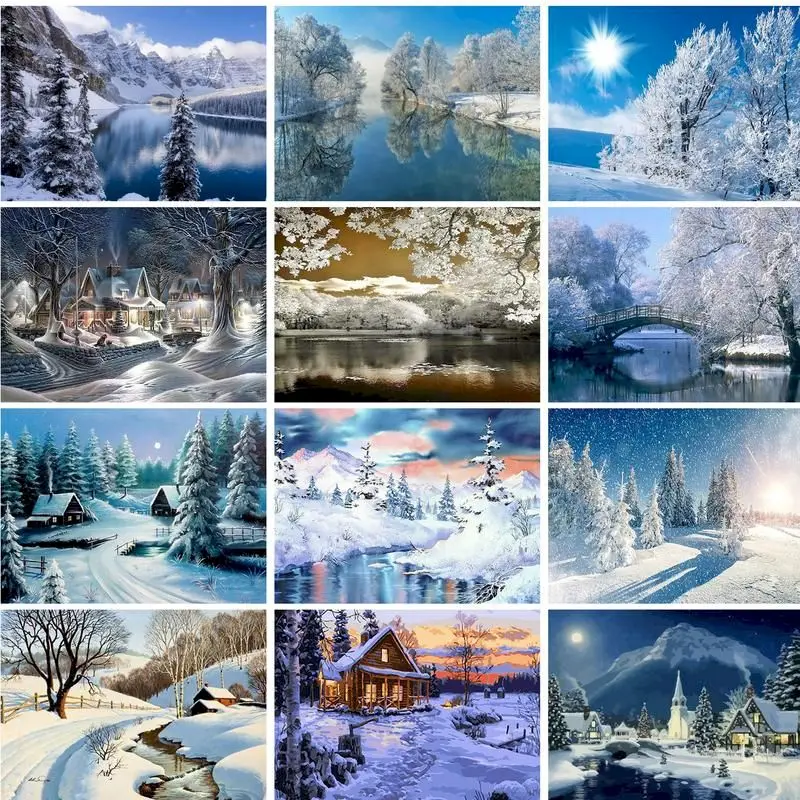 GATYZTORY DIY Frame Paint By Number Winter Landscape For Adults Child Oil Painting By Numbers Snow Scenery On Canvas Home Decor