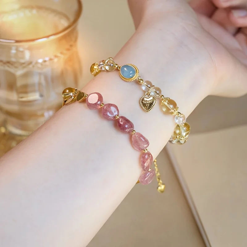 

An Elegant, Instagram-style, Ultra-ethereal Bracelet Featuring Peach Blossom, Strawberry Quartz, and Pink Crystal Beads. A New Y
