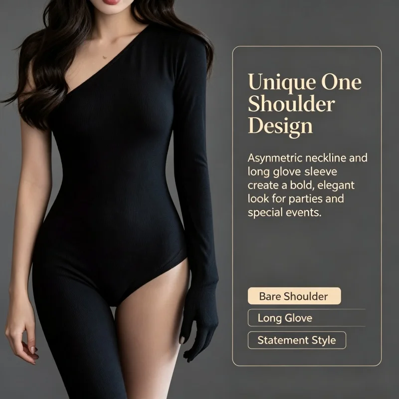 Y2K Fashion Women's Black One-Sleeve Glove Bodysuit Irregular Single Leg Tights Slim Integrated Jumpsuit Streetwear Outfit