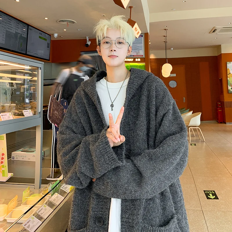 Autumn Winter Knitted Cardigan Hooded Sweater for Men Korean Fashion Vintage Harajuku Hoodie Jacket Coat Y2k Streetwear Men