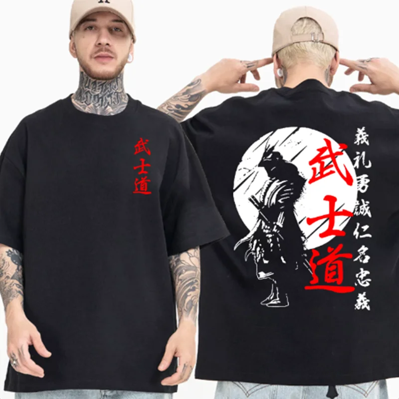 Japan Samurai Spirit T Shirts For Men Japanese Style Back Print Loose Oversized 100% Cotton Tops T-shirt Bushido Male Gifts Tees