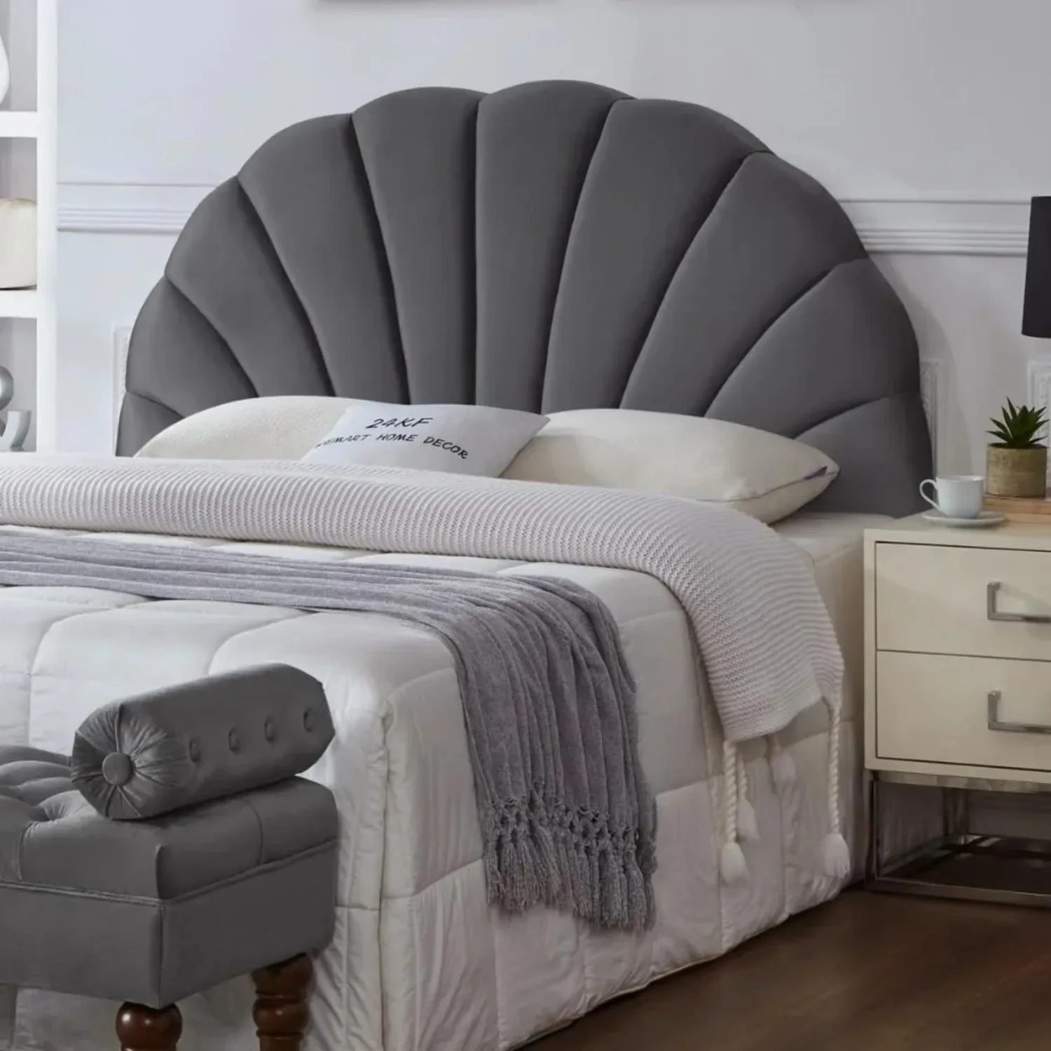 Stunning Crown Design Queen Headboard, Upholstered Soft Velvet Petal Pattern Headboard Queen/Full-Dark Gray