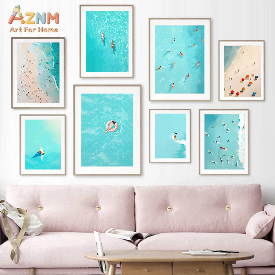 AZNM Aerial View Summer Beach Swimming People Canvas Wall Art Turquoise Ocean Surfing Sailboat Minimalist Illustration Nordic Ho