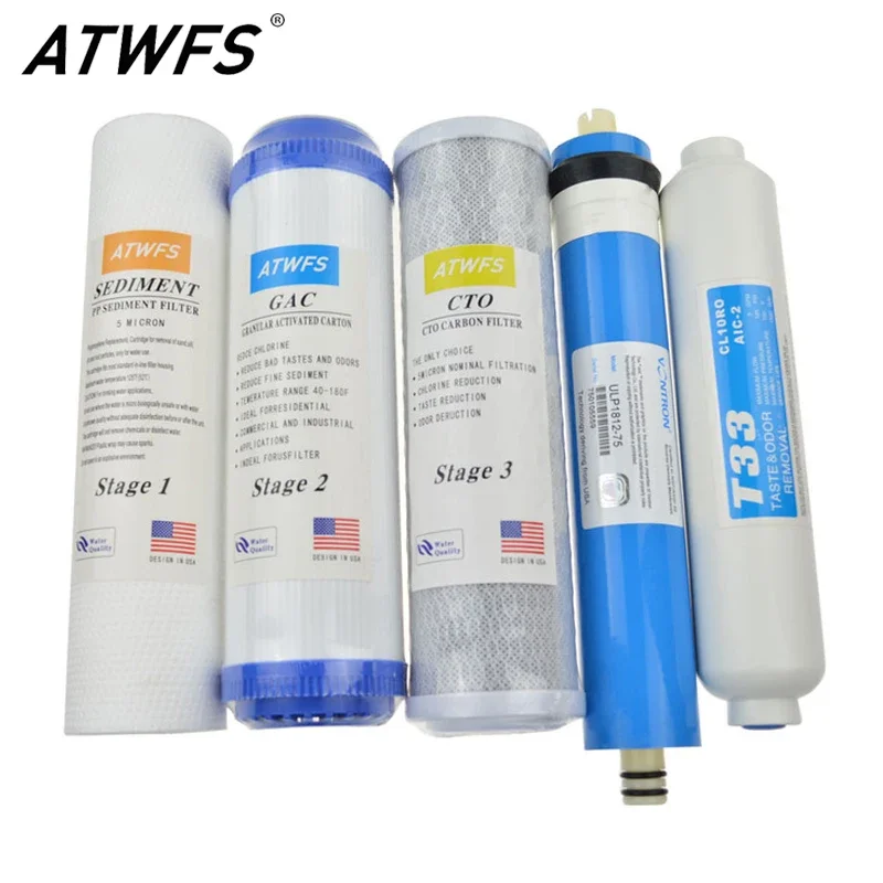 ATWFS New Water Purifier 5 Stage Filter Cartridge 75 gpd RO Membrane Reverse Osmosis System Water Filters For Household