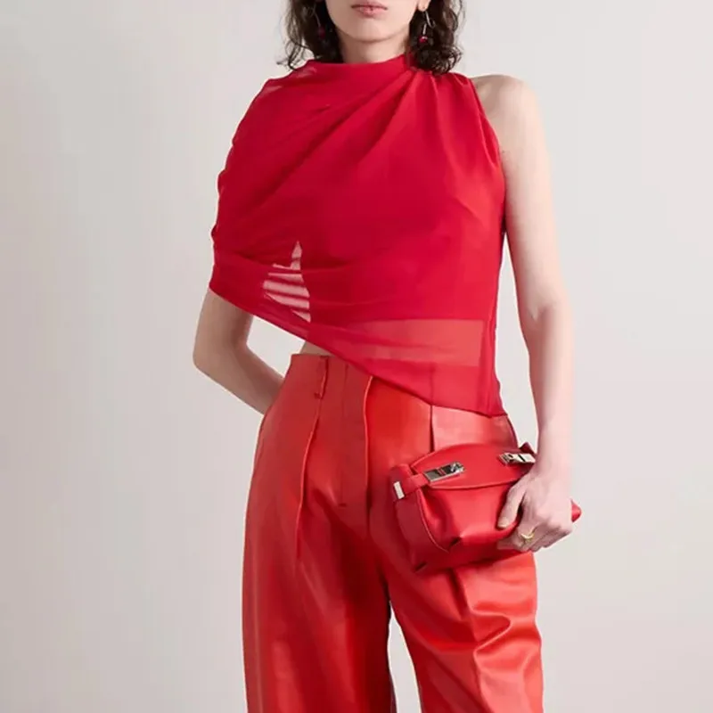 BPN Casual Loose Solid Shirts For Women Stand Collar Sleeveless Solid Vintage Temperament Blouses Female Fashion Summer Clothing