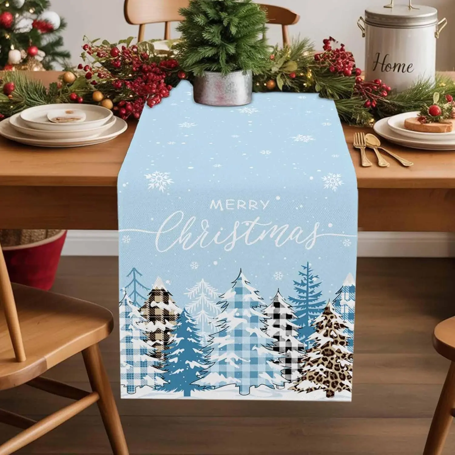 

Christmas Snowflake Xmas Tree Blue Table Runner Party Decor Winter Holiday Kitchen Dining Table Runner Christmas Decorations