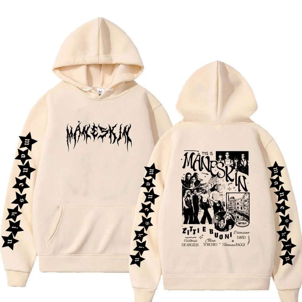 Italian Rock Band Maneskin Double Sided Print Hoodie Men Women Fashion Fleece Cotton Sweatshirt Unisex Vintage Oversized Hoody