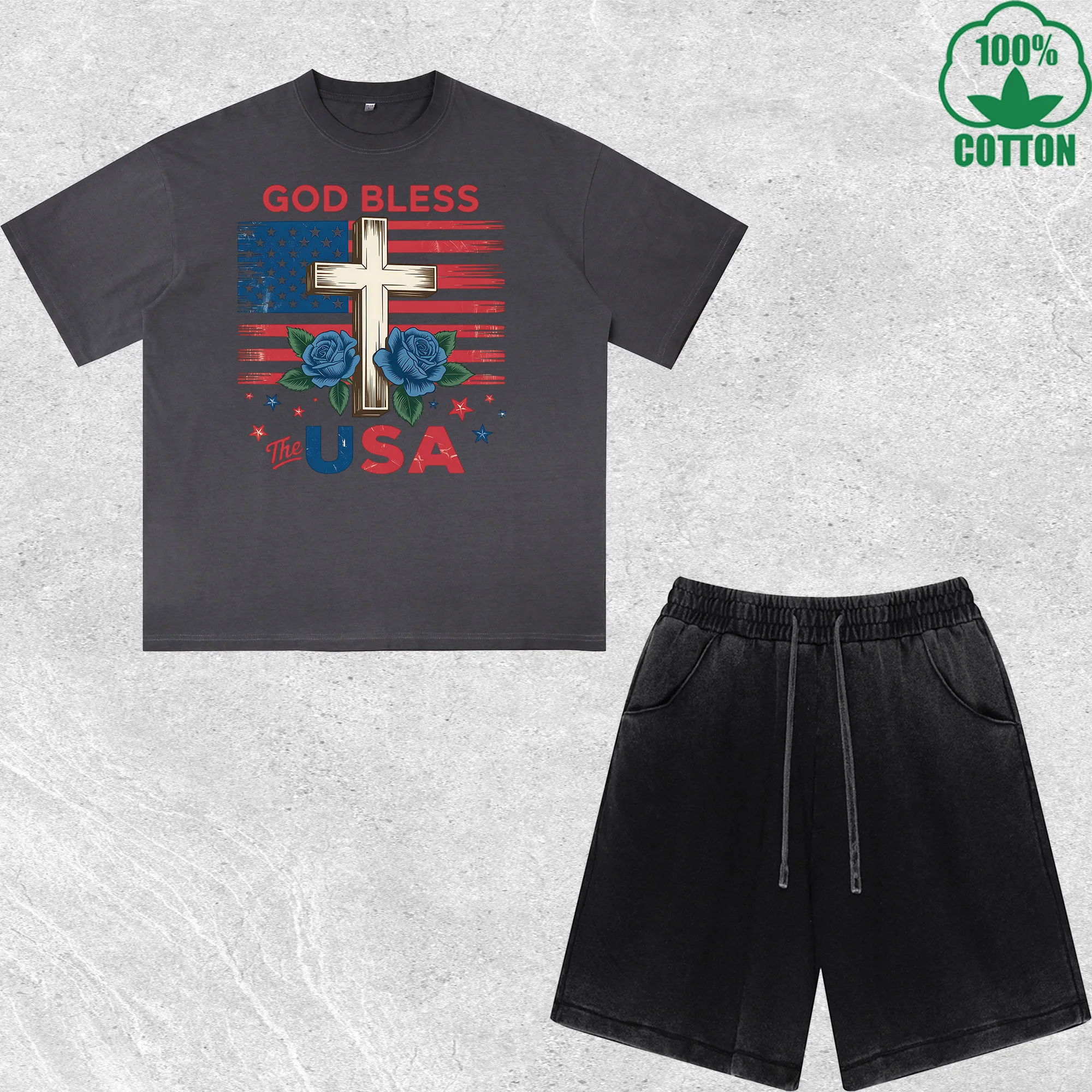 

God Bless Usa Printed Dirty Wash T-Shirt Shorts Set Multicolor Combo Loose Trendy 100%Cotton