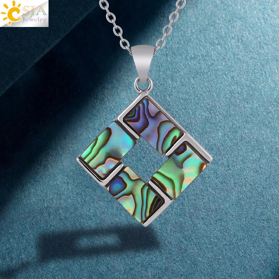 CSJA-collar de concha de abulón de colores naturales para hombre, colgante hueco cuadrado, collares de cadena de acero inoxidable, joyería H610
