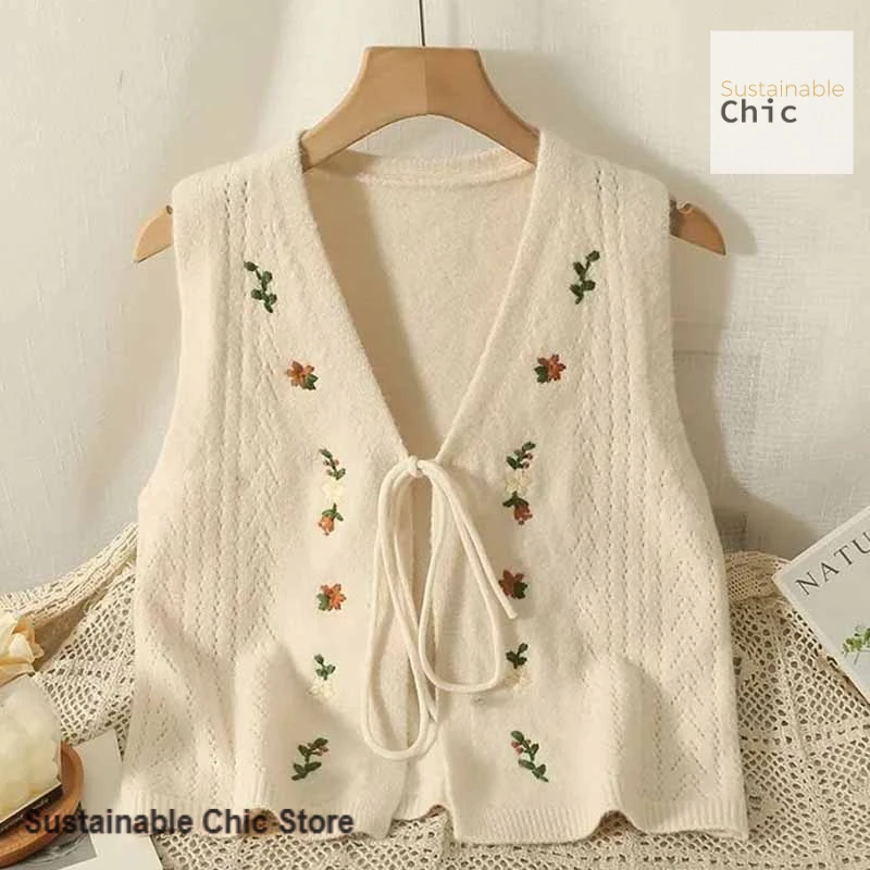 

French embroidered bow tie V-neck knitted vest women's spring and autumn new fashion with sweet sleeveless sweater casual vest.