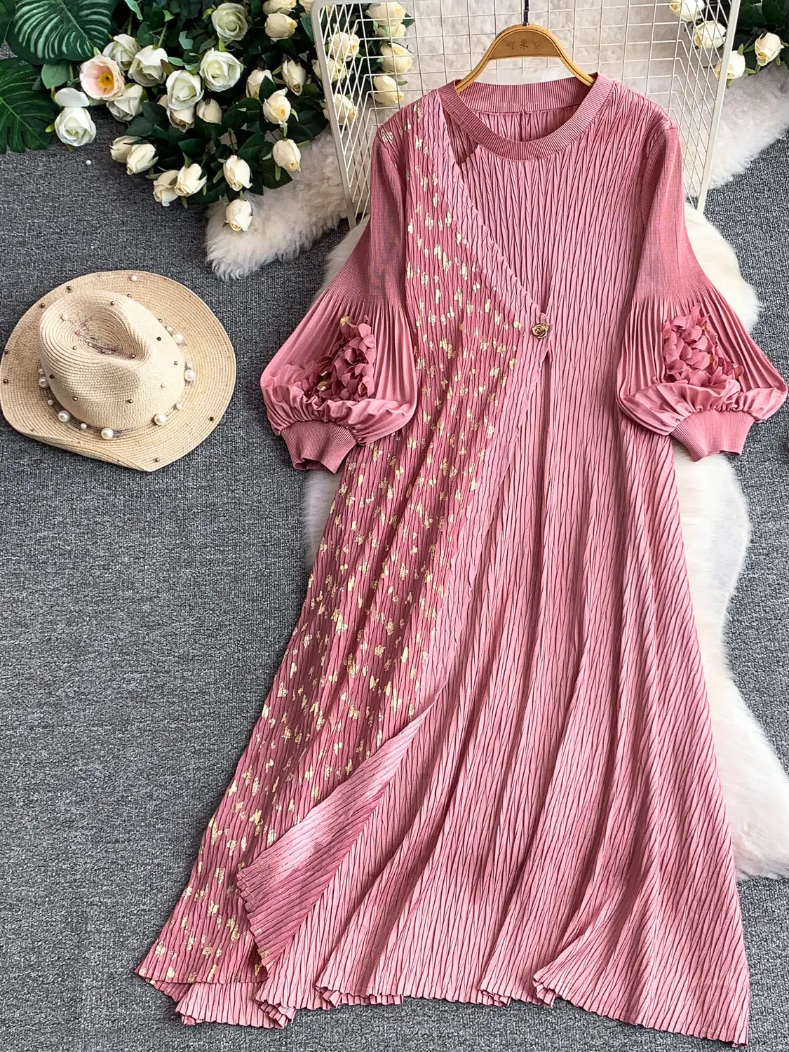 

High-end Elegant Women Dress Temperament Metal Print One Button 3D Flower Lantern Sleeve Pleated Party Evening Gown Women Dress