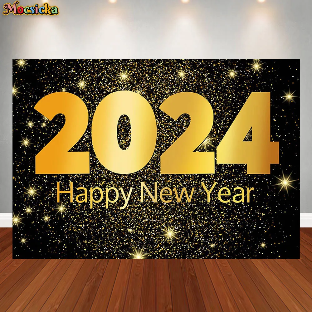 2024 Happy New Year Photography Backdrop Glitter Gold Champagne Balloons Fireworks Party Photographic Background Photo Props