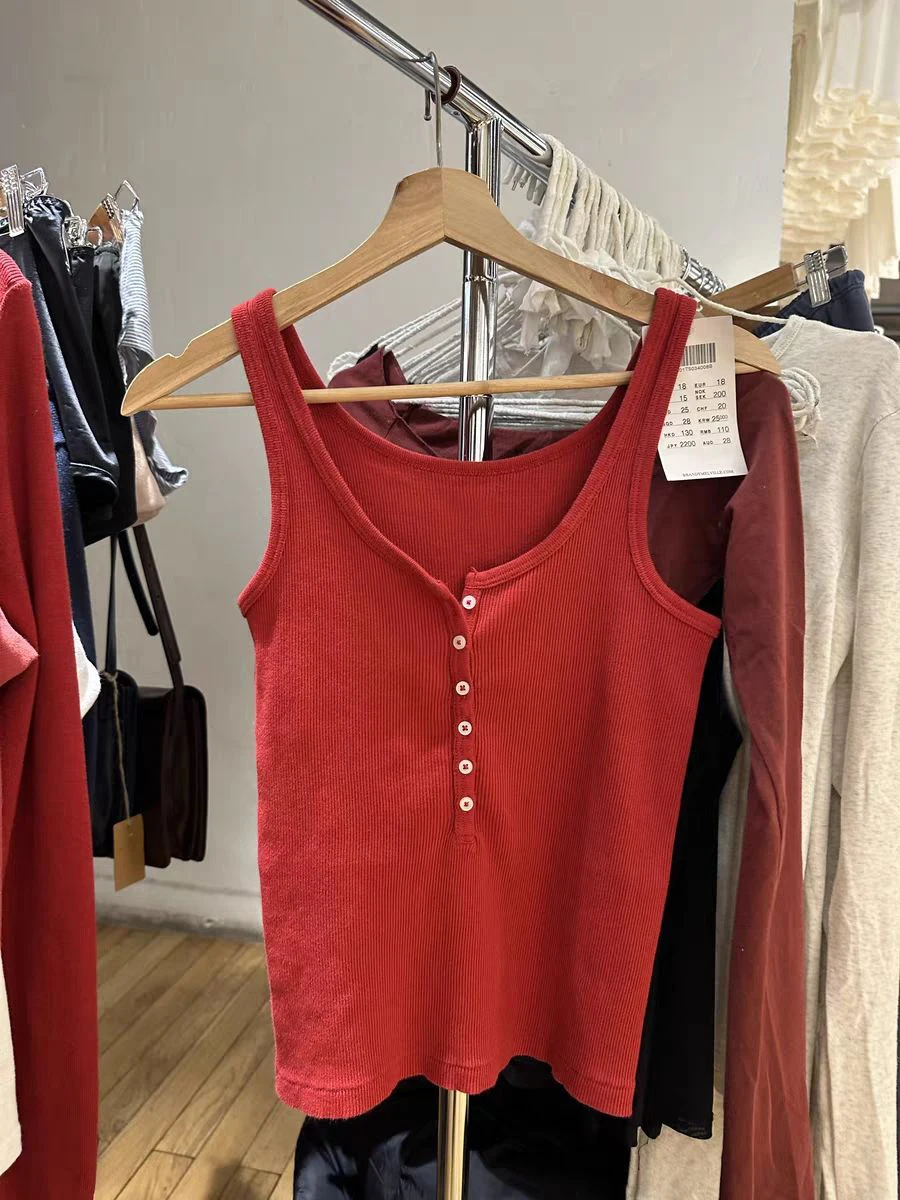 Six Buttons Ribbed Slim Crop Top Women Summer U Collar Sleeveless Cotton Camisole Solid Simple All-match Sweet Tank Tops Y2k