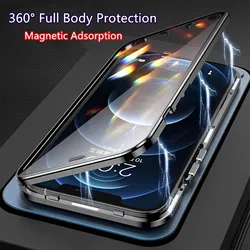 Double-Sided Glass Metal Frame Magnetic Case For iPhone 16 15 14 Plus 13 12 11 Pro Max Safety Lock Shockproof Lens Protector