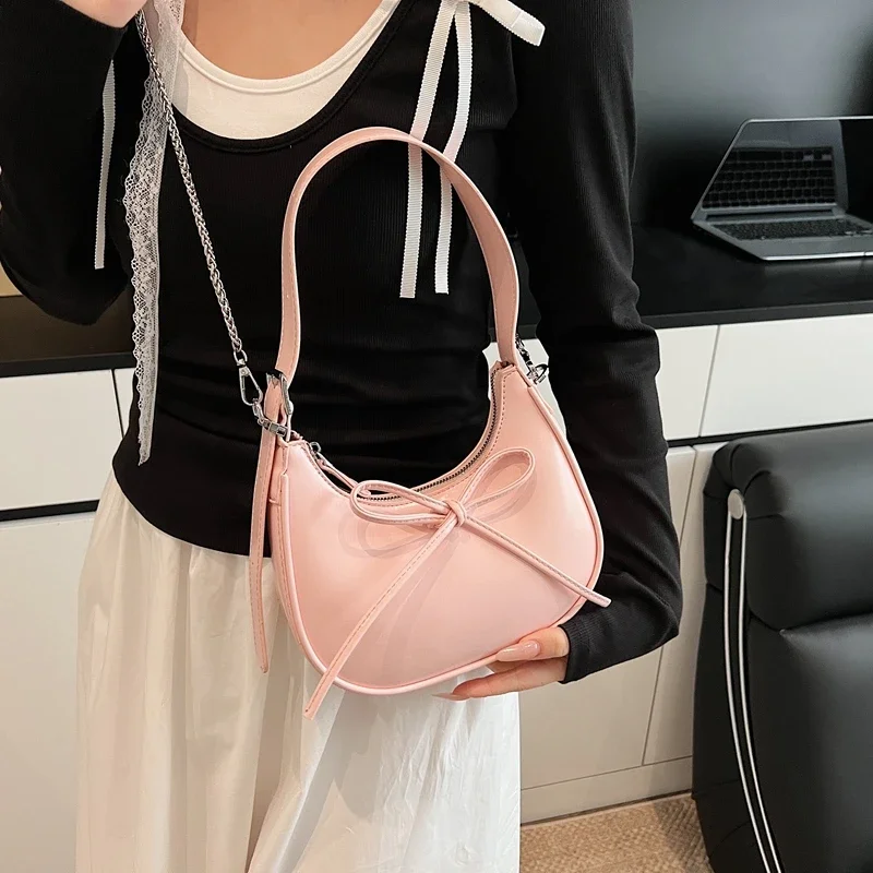 

Lady Bow Accessory Underarm Shoulder Bag Chain Clutch Tote Wine Red Handbag Half Moon Design Small Crossbody Bag