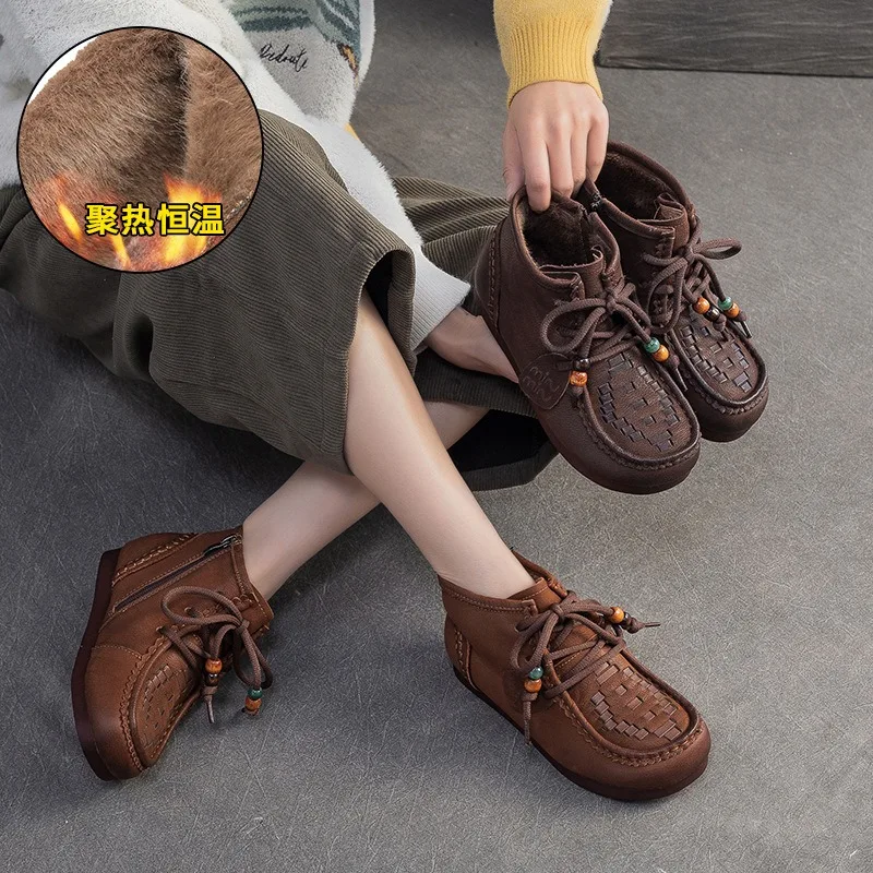 

Birkuir Winter Beaded Woven Plush Snow Boots For Women Genuine Leather Ankle Boots Lace Up Zip Flat Heel Thick Heel Short Boots