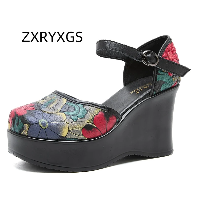 ZXRYXGS Top Layer Cowhide Printed Women Fashionable Sandals Wedges High Heels 2025 Round Headed Side Empty Summer Ladies Sandal