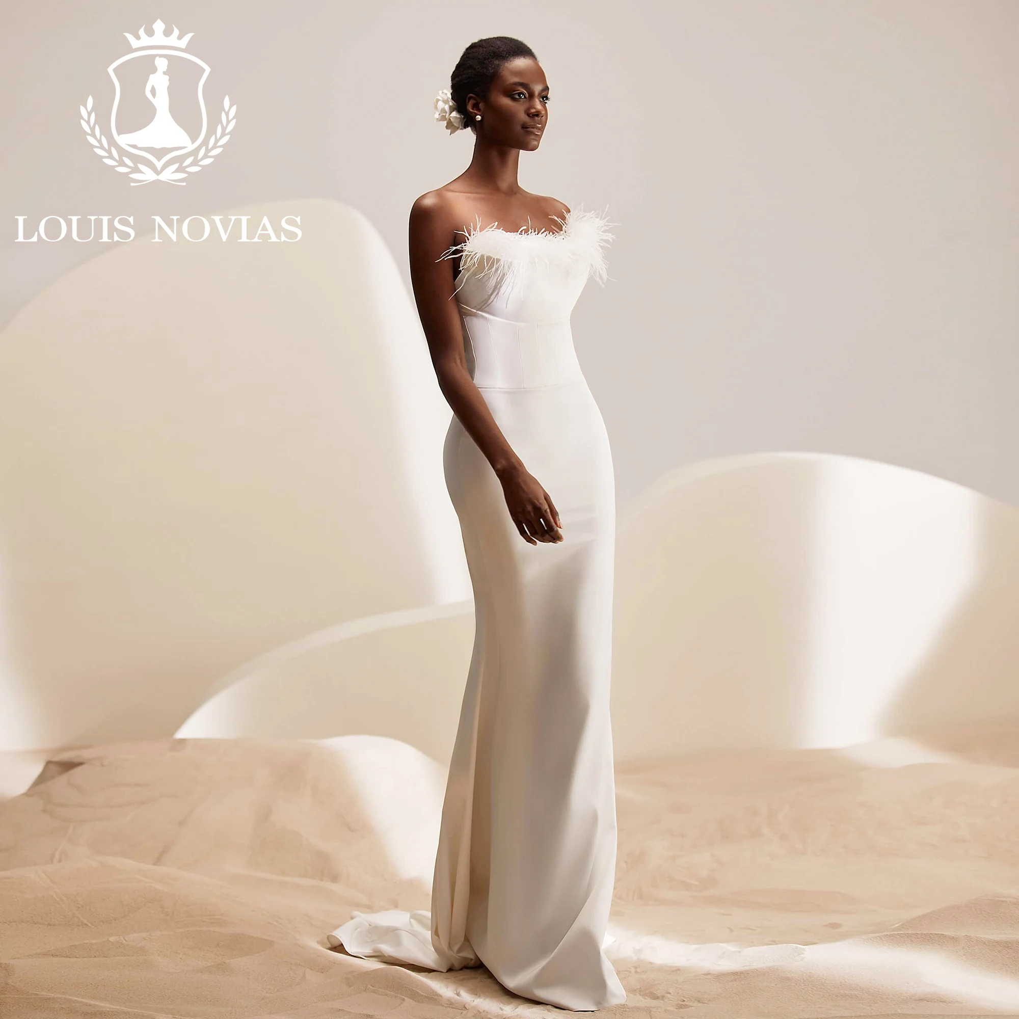 LOUIS NOVIAS Mermaid Wedding Dresses New Arrival Classic Strapless Feathers Sheath Trumpet Wedding Gown Vestidos De Novia