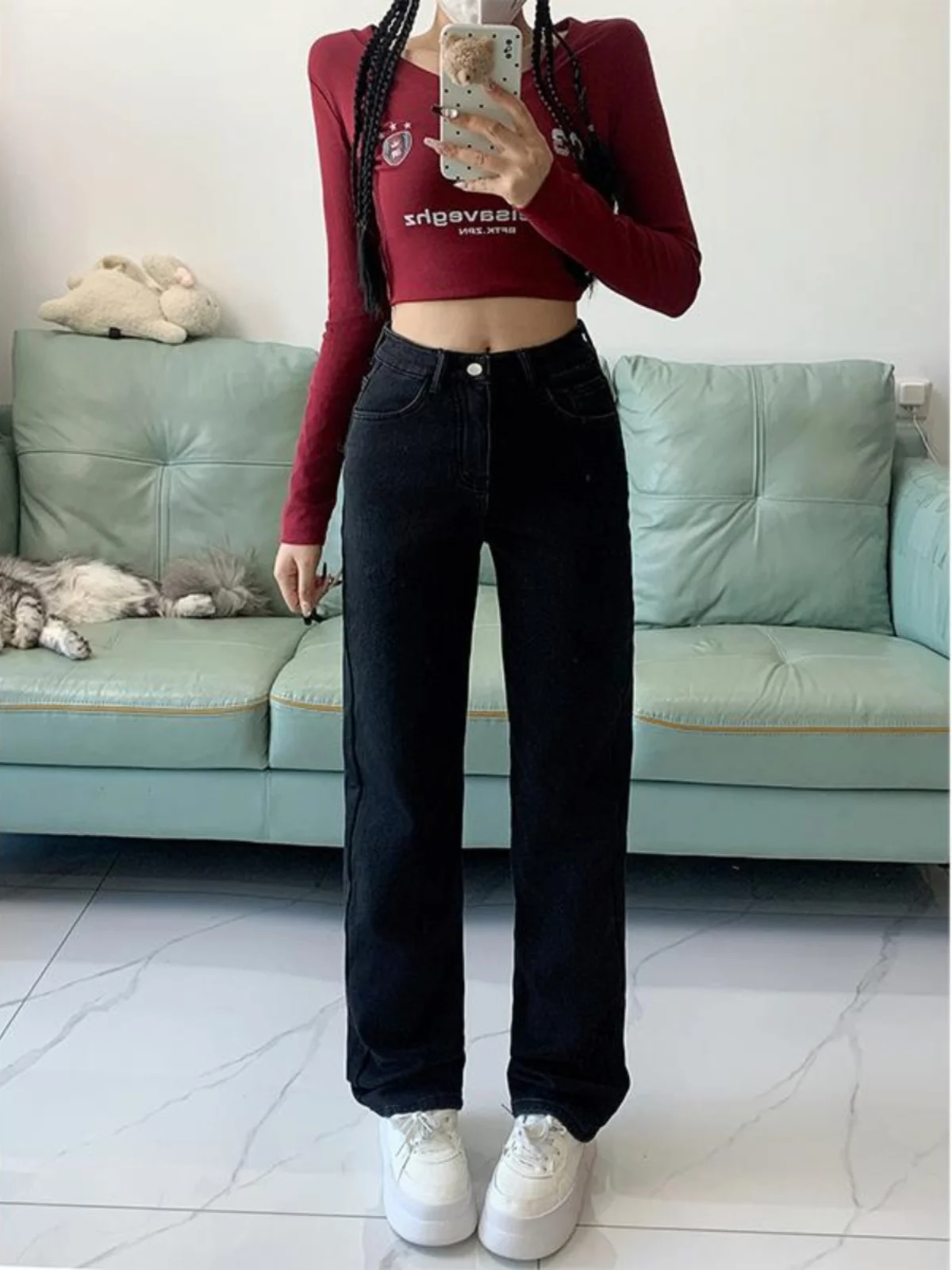 プラスサイズ Fce 裏地付きストレートレッグジーンズ レディース ハイウエスト スリムフィット パンツ 秋の新作 スレ コットンストレッチデニム