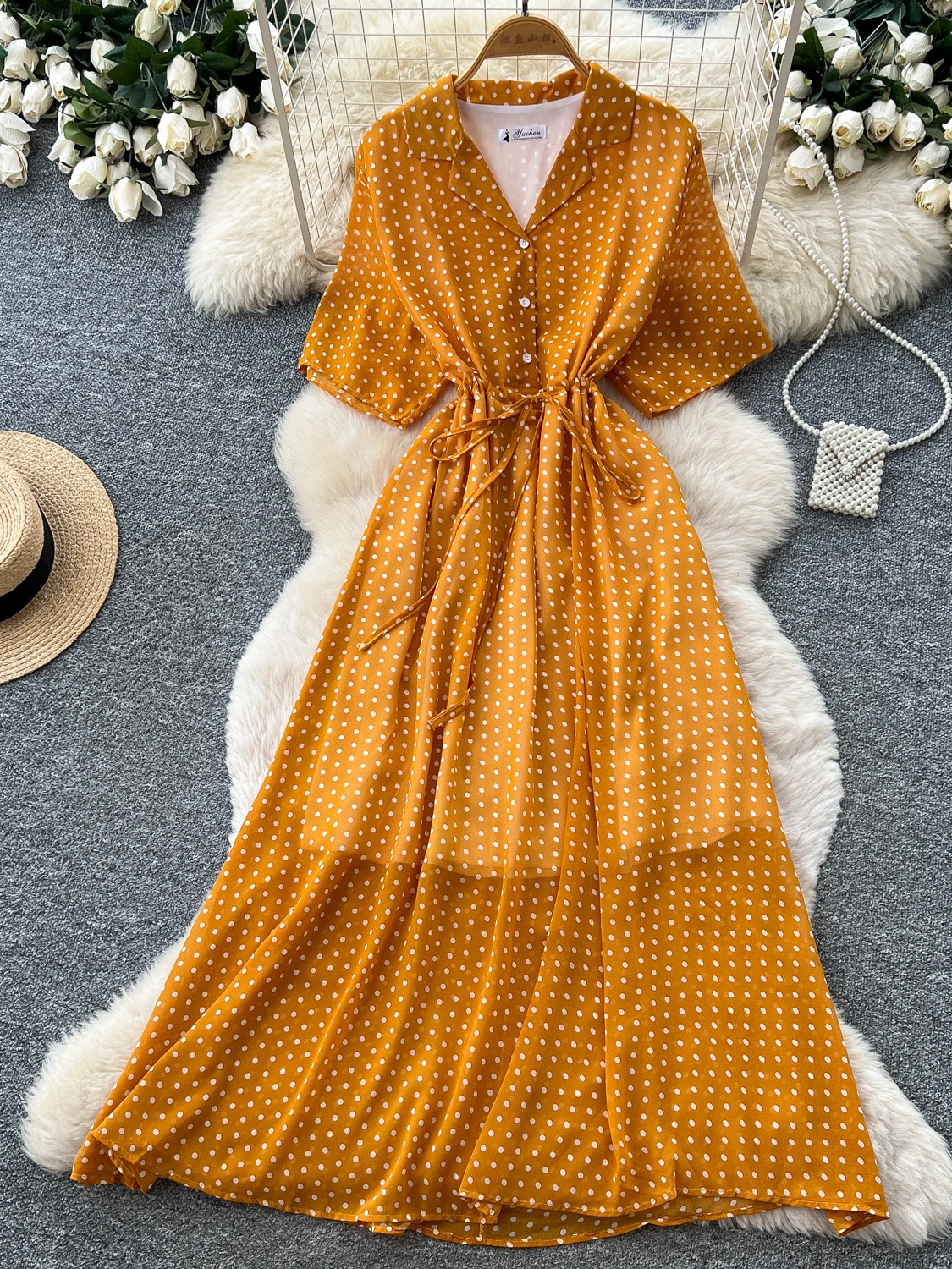 Retro Fashion Polka Dot Short Sleeve Drawstring Waist Cinched Skirt Women's Slimming Chiffon Dress City Commute Style A-Line ...