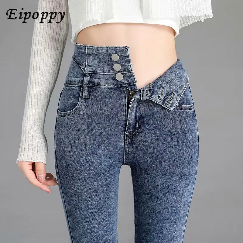 女性用ハイウエストフリース裏地付きパンツ、タイトフィット、ストレッチ、ナローパンツ、脚暖かい、腹カバー、外部ウェア用の極厚ジーンズ