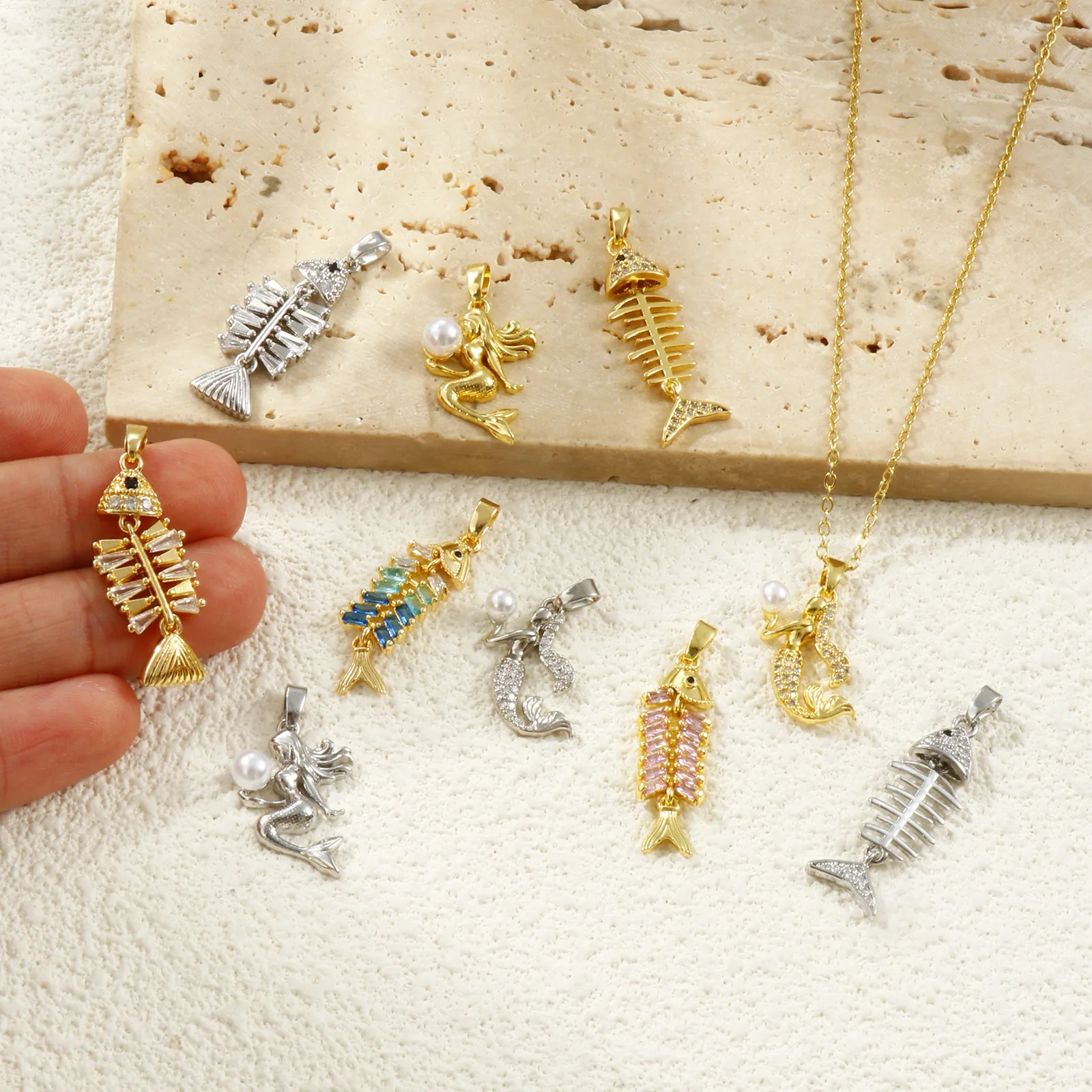 2pcs Brass Charms Gold Color Mermaid Fish Bone Micro Pave Black Rhinestone Pendants For Women DIY Necklace Jewelry Findings Gift view 3