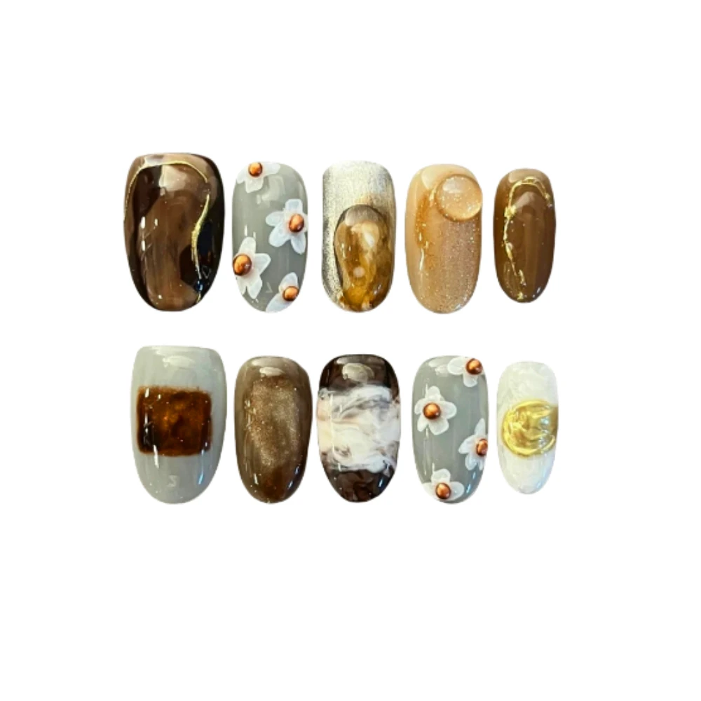 Unhas feitas à mão Manicure, Médio Ballet Almond, Cute 3D, Unhas limitadas, Pressione nas unhas, Design com Conjunto de Arquivo Adesivo de Unhas, 10pcs