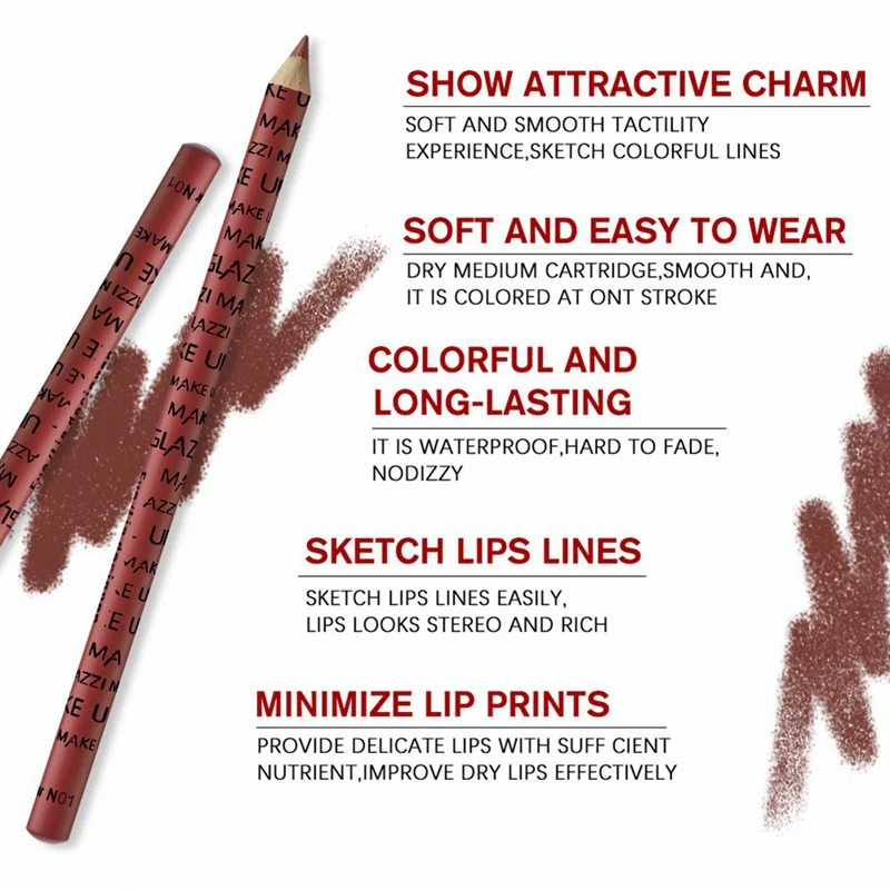 Glazzi 12 Stuk Professionele Houten Lip Voering Pen Waterdichte Eyeliner Potlood Multicolor