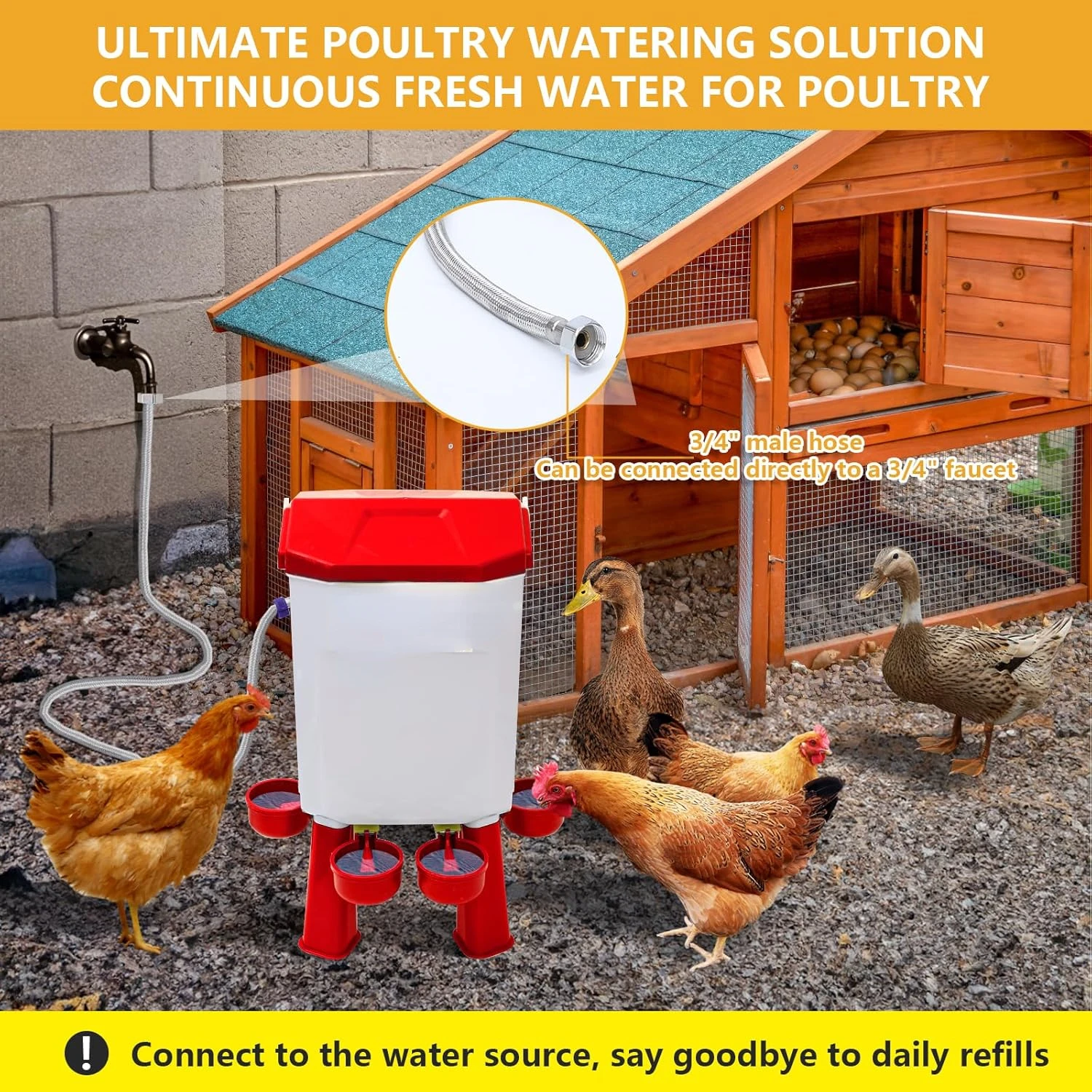 Float-Controlled Automatic Chicken Waterer for Continuous Fresh Water, Self Filling Chicken Waterer with 60 Inch Water Hose