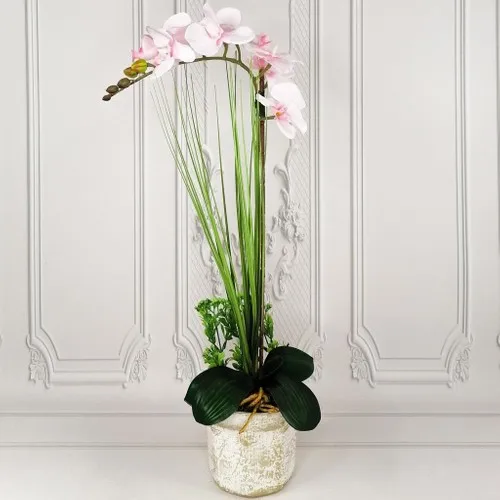 Nettenevime Artificial Flower Light Pink Orchid Ceramic Pots Single Orchid 60CM