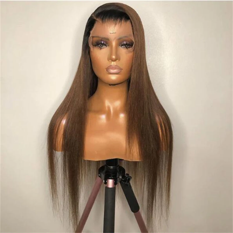 Peluca larga y recta con malla frontal para mujeres negras, pelo de bebé sin pegamento, prearrancado diario, Marrón degradado, suave, 180% de densidad, 26 pulgadas