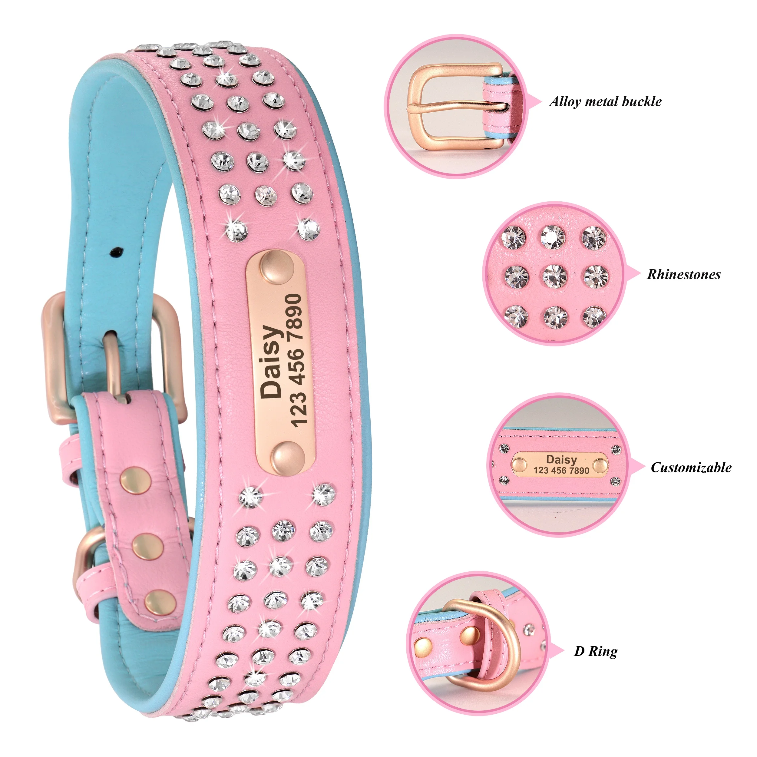 맞춤형 크리스탈 가죽 개 목걸이, 맞춤형 라인석 개 목걸이 버클이 있는 맞춤형 개 목걸이 중형 대형견용 새겨진 ID 칼라