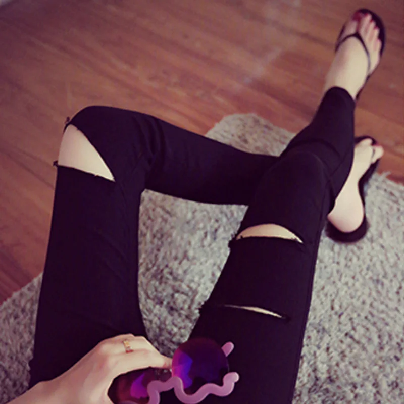 Spring Autumn 2026 New Korean Style Hole Base Pants Student Outdoor Black Nine Points Women's Pants Versatile High Waist Trou...