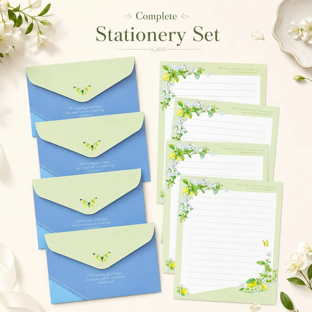 Floral Letter Writing Set with 4 Envelopes and 4 Letter Papers, Stationery for Letters, Greetings, Messages and Notes
