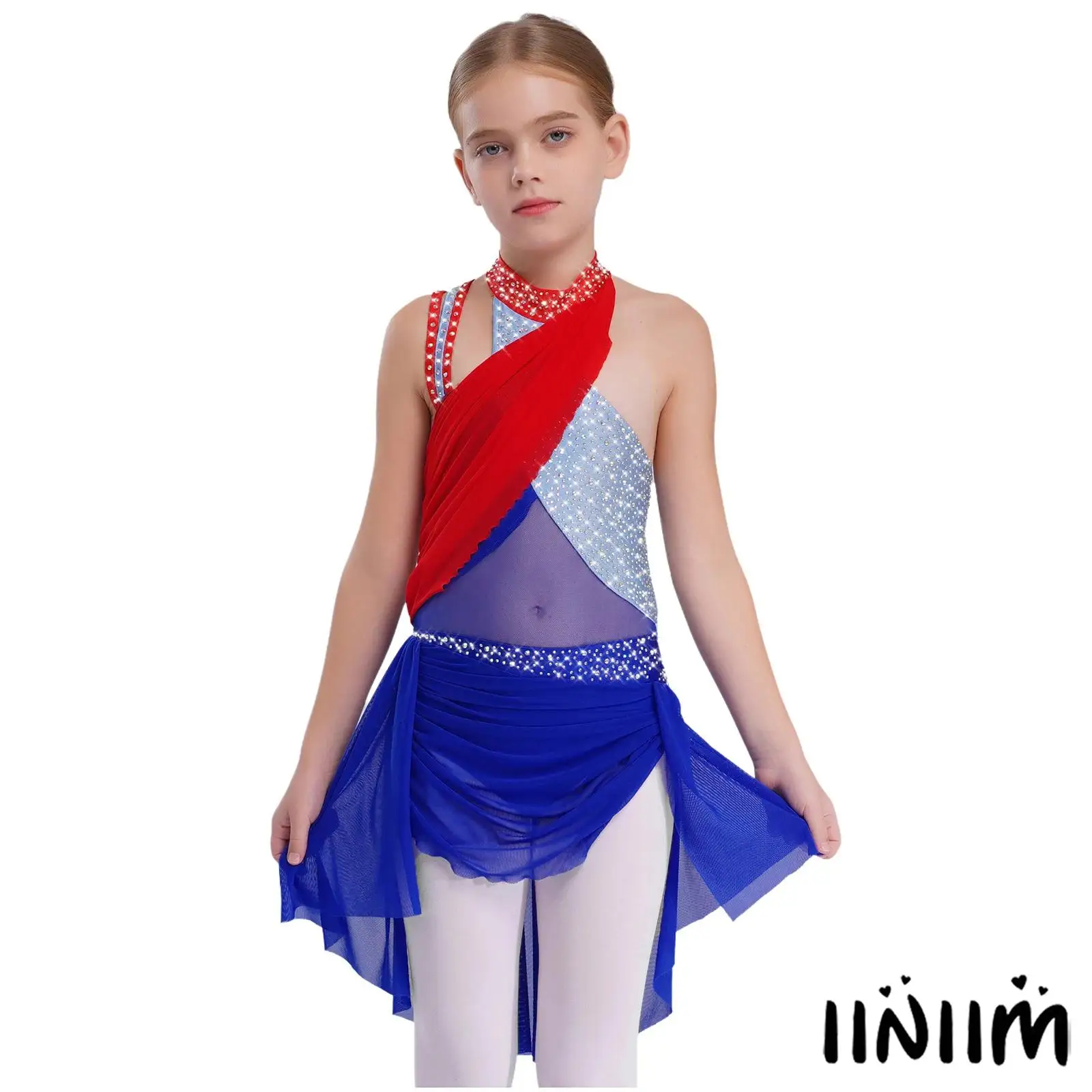 

Kids Girls Figure Skating Costume Ruched Mesh Color Block Rhinestones Backless Crisscross Straps Lyrical Dance Competition Dress