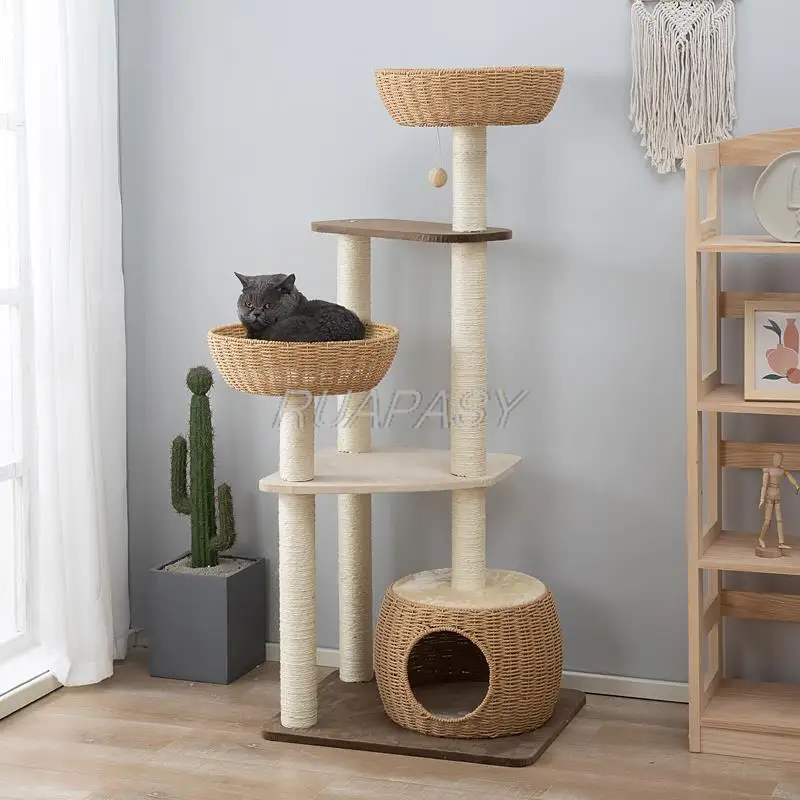 Multi-Level Rattan Cat Climbing Shelf Cat Tree Villa Post Condo Cat Tree Shelf Scratching Post Jumping Platform Perch Nest Tower