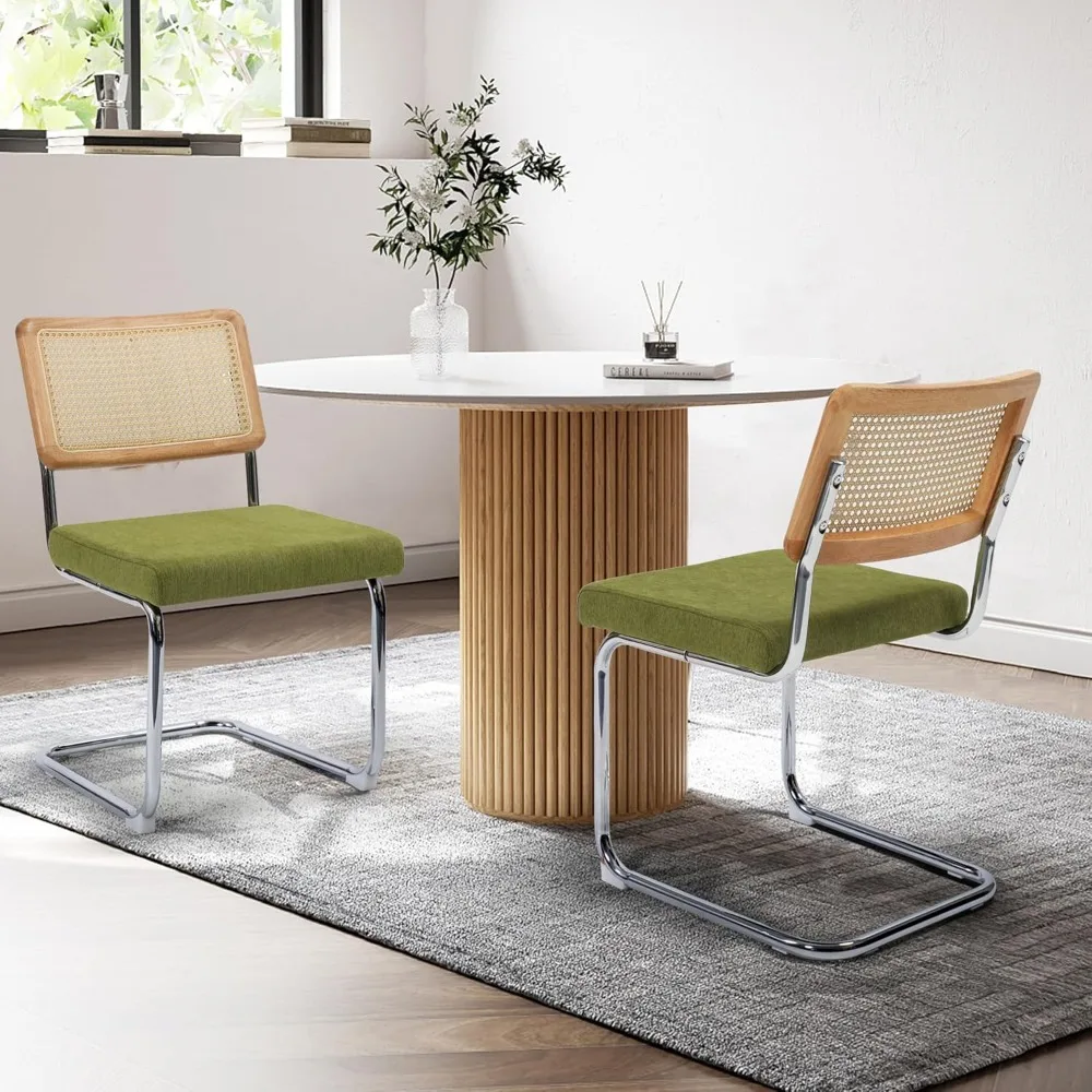 

Dining Chairs Set of 2, Modern Rattan Kitchen Chairs, Mid Century Modern Design, Polished Frame, Upholstered Seat,Green
