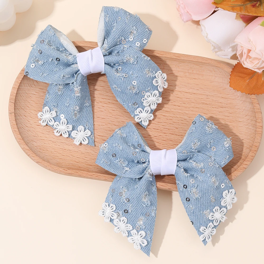 2 шт., нежные винтажные джинсовые заколки для волос с бантом, кружевные заколки с цветочными пайетками, модные аксессуары для волос для девочек, вечерние повседневные головные уборы