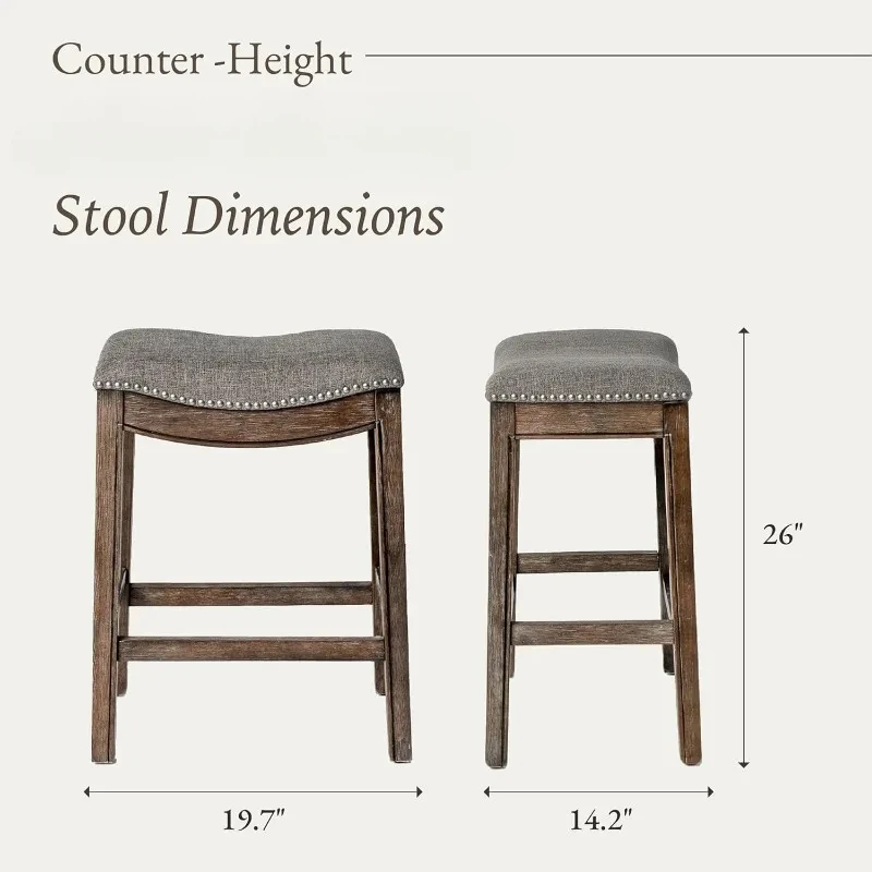 26 Inch Counter Height Upholstered Backless Saddle Barstool in Dark Walnut Finish with Ash Grey Fabric Cushion Seat，Set of 2