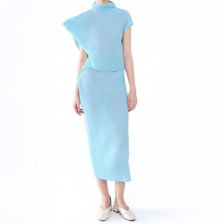 

New 2026 Summer Women Set with Horn Sleeve Irregular Solid Color Sleeveless Top Slim Fit Half Skirt Set for Women Clothing