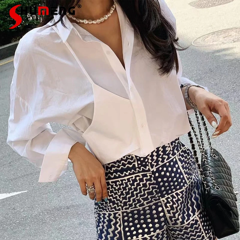 

Ironing-Free Shirts Spring Women's 2024 New White Shirts Feminine Fashion Asymmetric Fake Two-Piece Suspender Long Sleeve Shirts