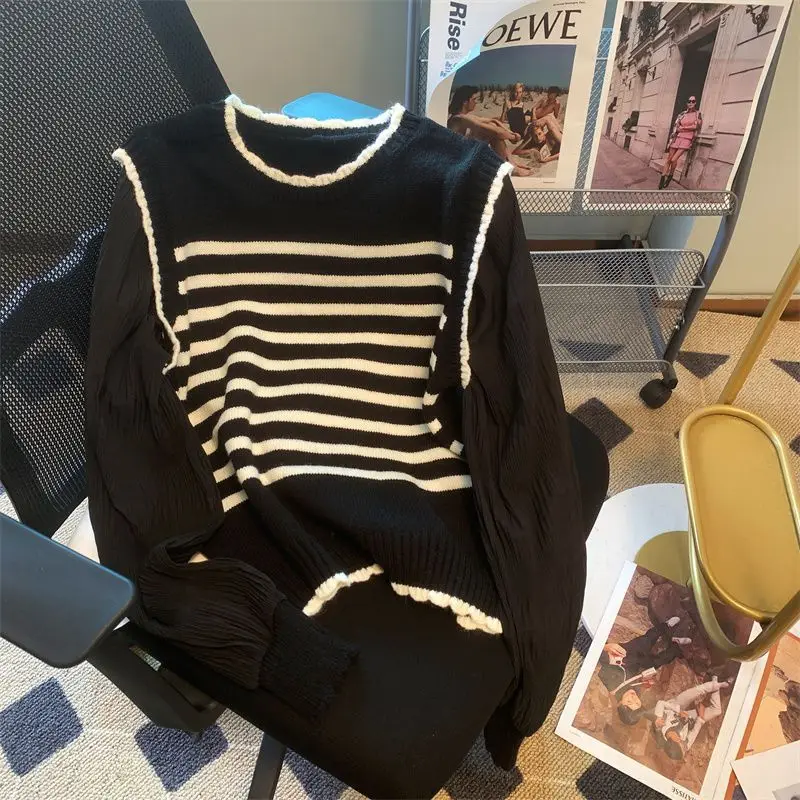 Women Long Puff Sleeve Patchwork Striped Fake Two-pieces Knitted Sweater Spring Autumn Korean Soft Glutinous Pullover Sweaters