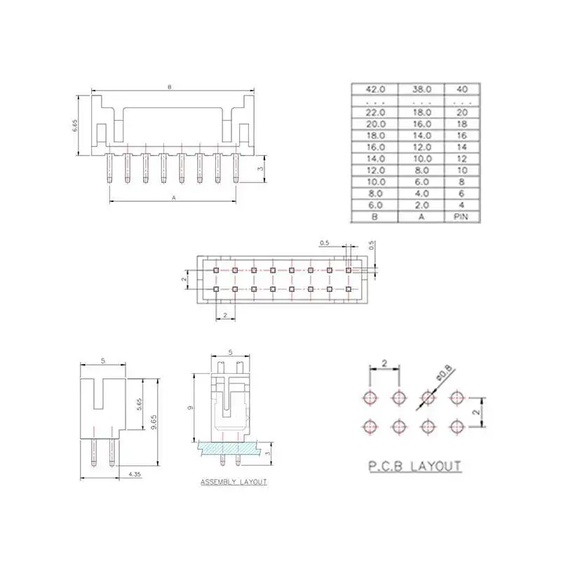 20 Stück PHD2.0 Doppelreihiger Steckverbinder, Rastermaß 2MM, Gerade und Gebogene Stiftleiste 2*2/3/4/5/6/7/8/9/2X10p Buchse – Detail 1