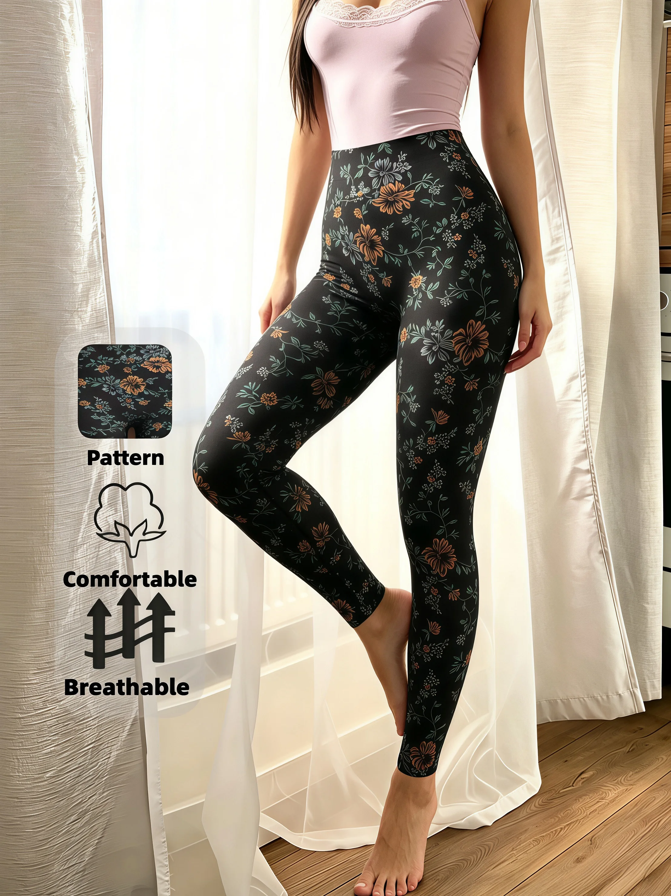 Women's Vintage Floral Leggings Black Floral Print Seamless Soft Skin Friendly High Stretch Pants for Work Casual Sports view 5