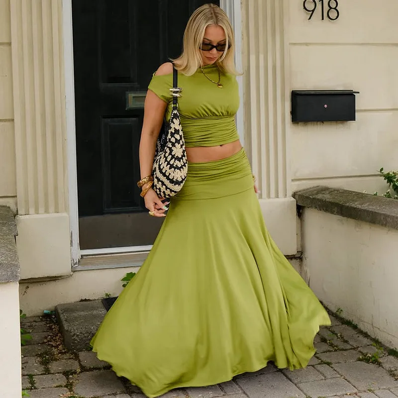 Women's Green Beach Maxi Skirt Sets Fashion High Waist Slim Bohemian Outfits Off The Shoulder Holiday Party Two Piece Set 2025