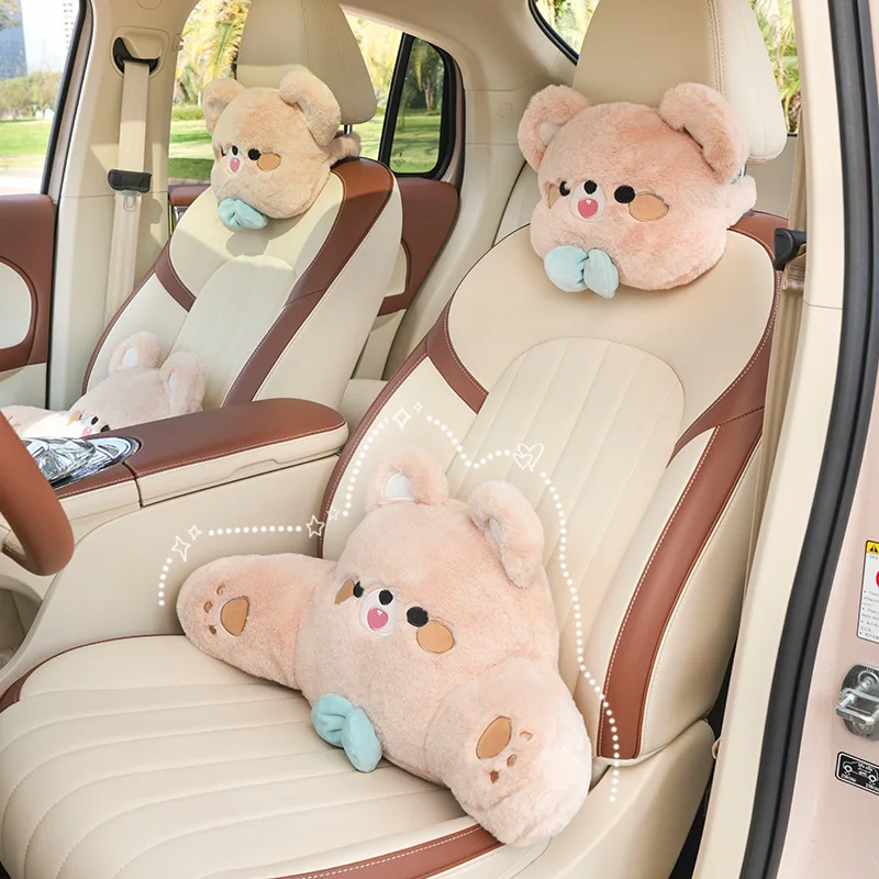 2023 New Plush Cartoon Bowknot Bear Four Seasons Universal Lumbar  Car Waist  Headrest Neckpillow Car Interior Ornaments